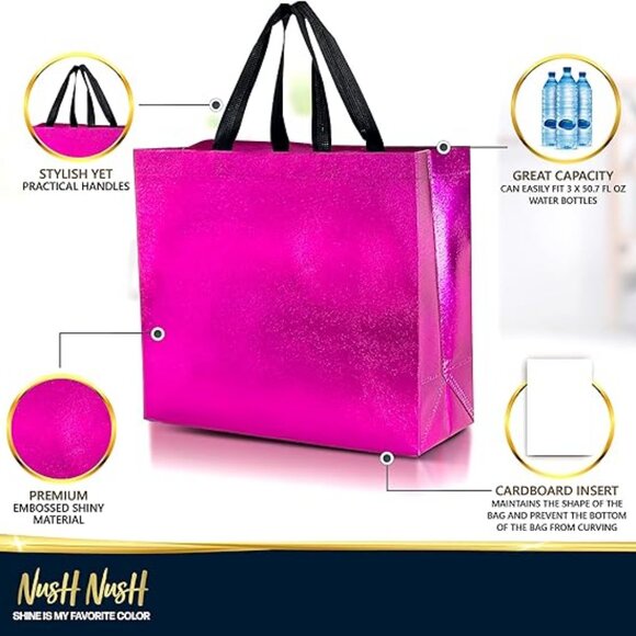 Hot Pink Gift Bags Large Size – Set of 12 Shiny Pink Reusable Gift Bags - Picture 3 of 4